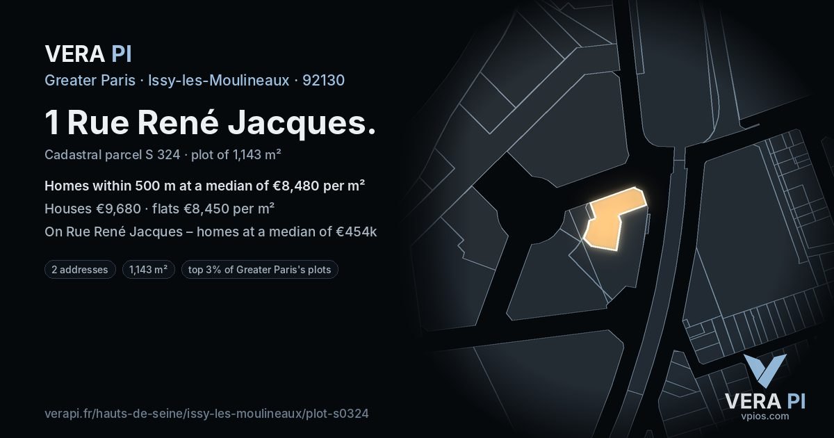 1 Rue René Jacques, Issy-les-Moulineaux at night – the plot lit, the parcels around coloured by the prices near them