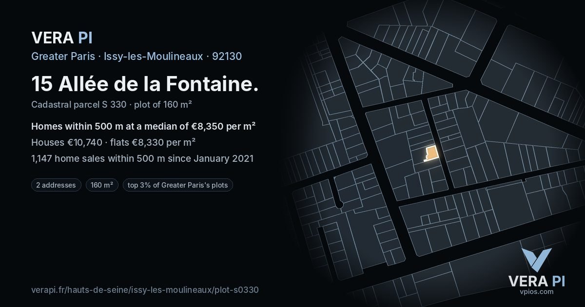 15 Allée de la Fontaine, Issy-les-Moulineaux at night – the plot lit, the parcels around coloured by the prices near them