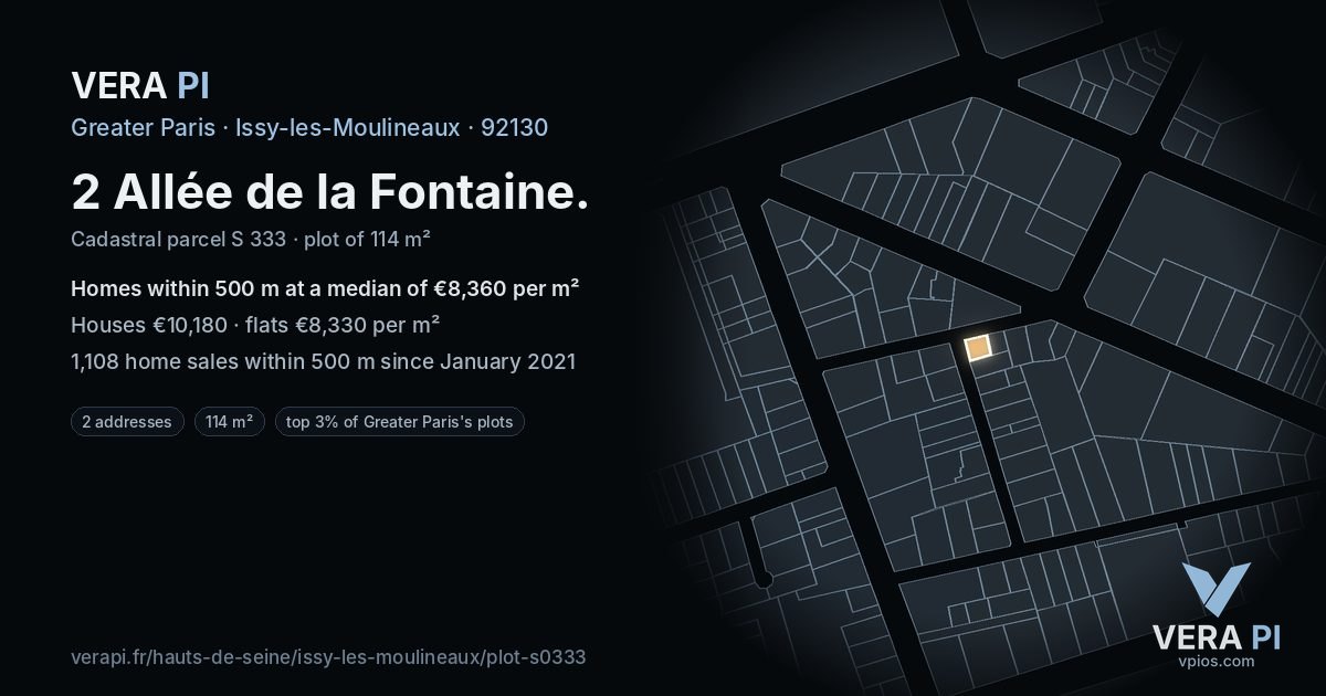 2 Allée de la Fontaine, Issy-les-Moulineaux at night – the plot lit, the parcels around coloured by the prices near them