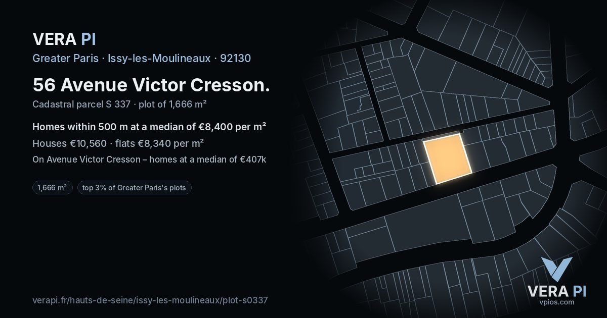 56 Avenue Victor Cresson, Issy-les-Moulineaux at night – the plot lit, the parcels around coloured by the prices near them