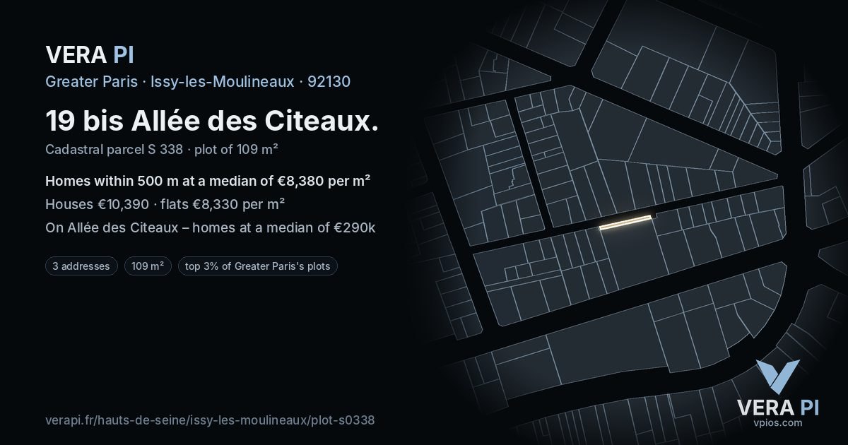 19 bis Allée des Citeaux, Issy-les-Moulineaux at night – the plot lit, the parcels around coloured by the prices near them