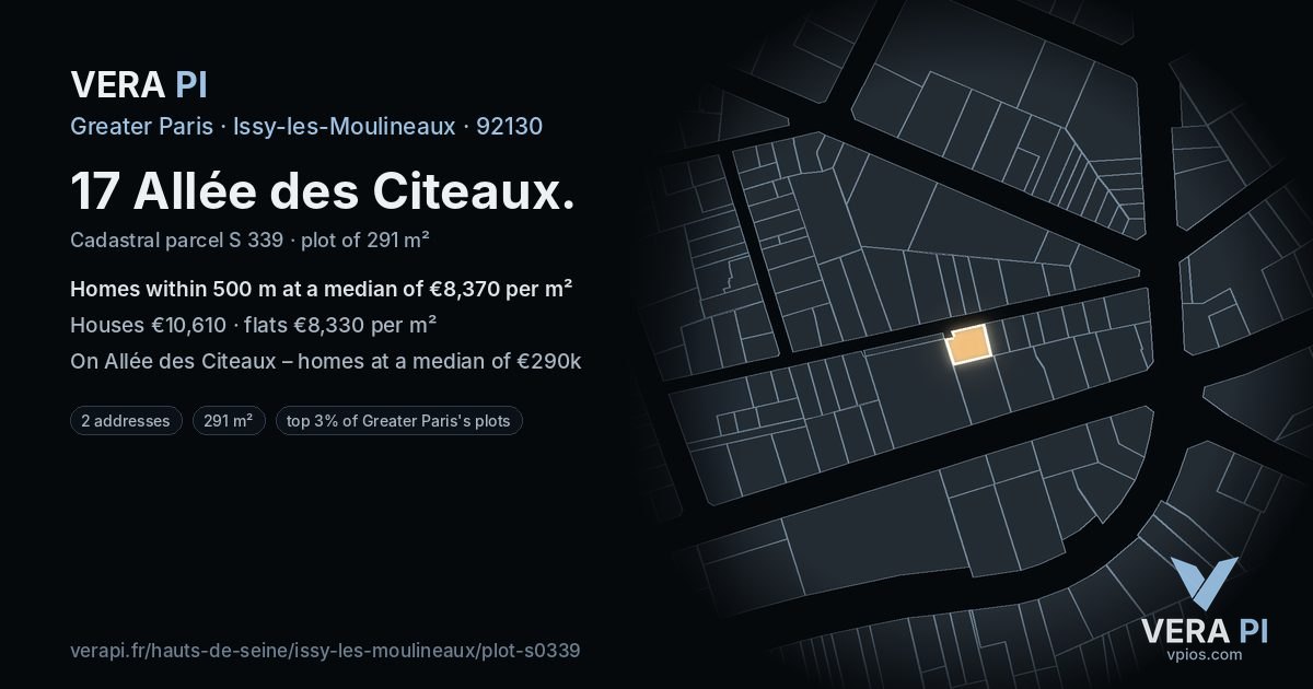 17 Allée des Citeaux, Issy-les-Moulineaux at night – the plot lit, the parcels around coloured by the prices near them