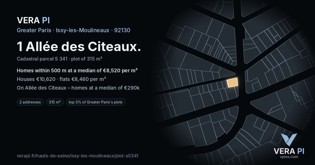 1 Allée des Citeaux, Issy-les-Moulineaux at night – the plot lit, the parcels around coloured by the prices near them
