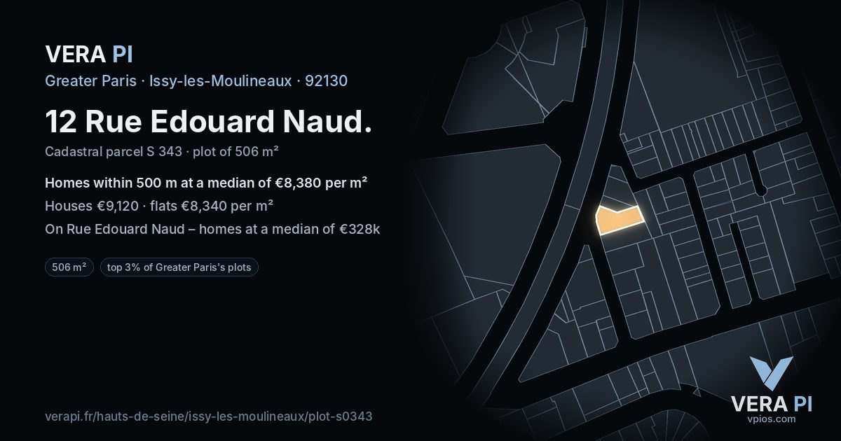12 Rue Edouard Naud, Issy-les-Moulineaux at night – the plot lit, the parcels around coloured by the prices near them