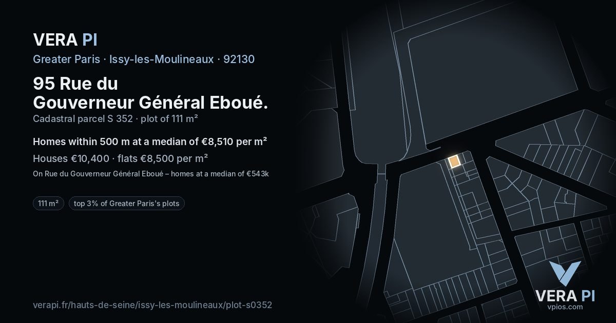 95 Rue du Gouverneur Général Eboué, Issy-les-Moulineaux at night – the plot lit, the parcels around coloured by the prices near them
