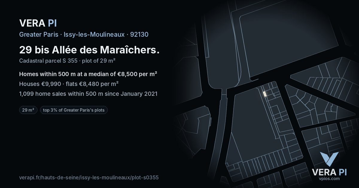 29 bis Allée des Maraîchers, Issy-les-Moulineaux at night – the plot lit, the parcels around coloured by the prices near them