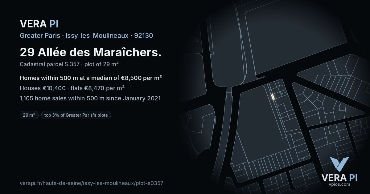 29 Allée des Maraîchers, Issy-les-Moulineaux at night – the plot lit, the parcels around coloured by the prices near them