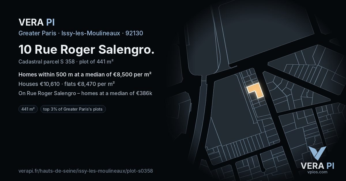 10 Rue Roger Salengro, Issy-les-Moulineaux at night – the plot lit, the parcels around coloured by the prices near them