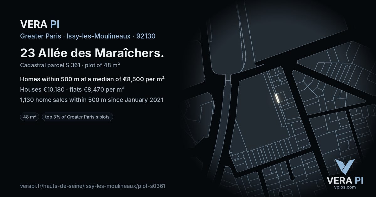 23 Allée des Maraîchers, Issy-les-Moulineaux at night – the plot lit, the parcels around coloured by the prices near them