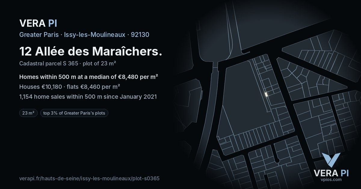 12 Allée des Maraîchers, Issy-les-Moulineaux at night – the plot lit, the parcels around coloured by the prices near them