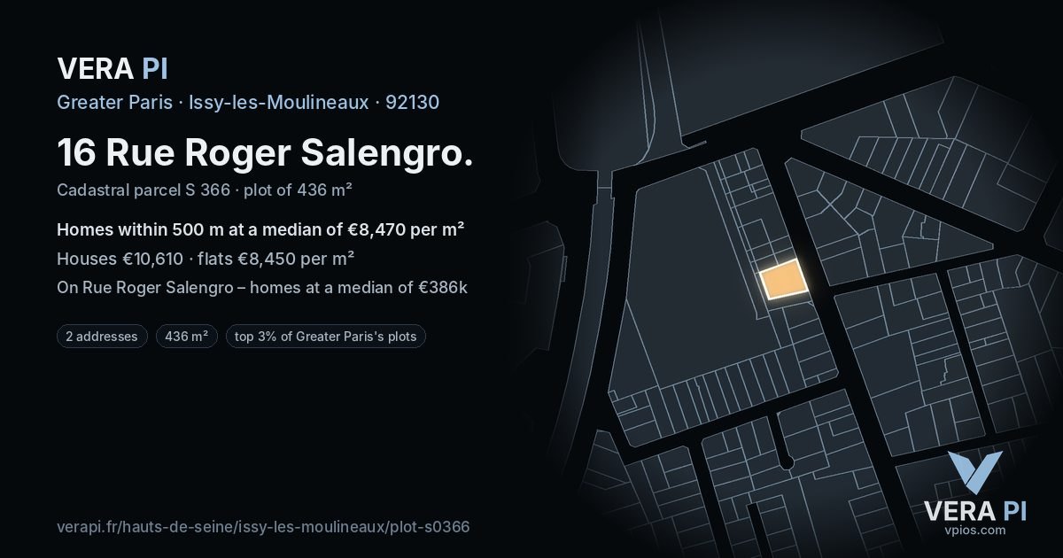 16 Rue Roger Salengro, Issy-les-Moulineaux at night – the plot lit, the parcels around coloured by the prices near them