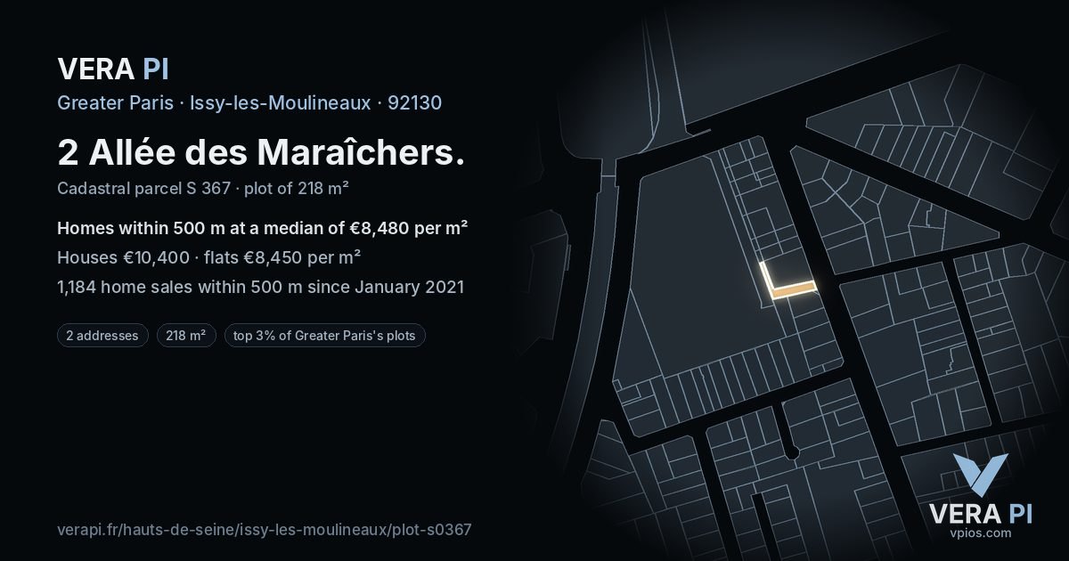 2 Allée des Maraîchers, Issy-les-Moulineaux at night – the plot lit, the parcels around coloured by the prices near them