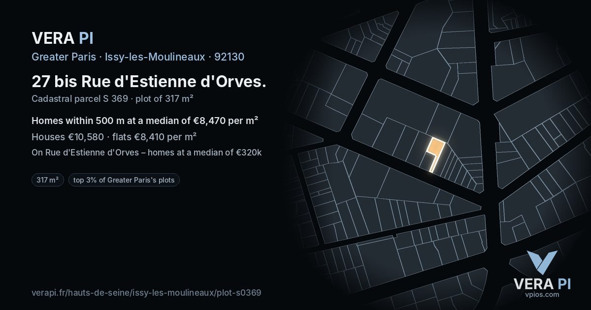 27 bis Rue d'Estienne d'Orves, Issy-les-Moulineaux at night – the plot lit, the parcels around coloured by the prices near them