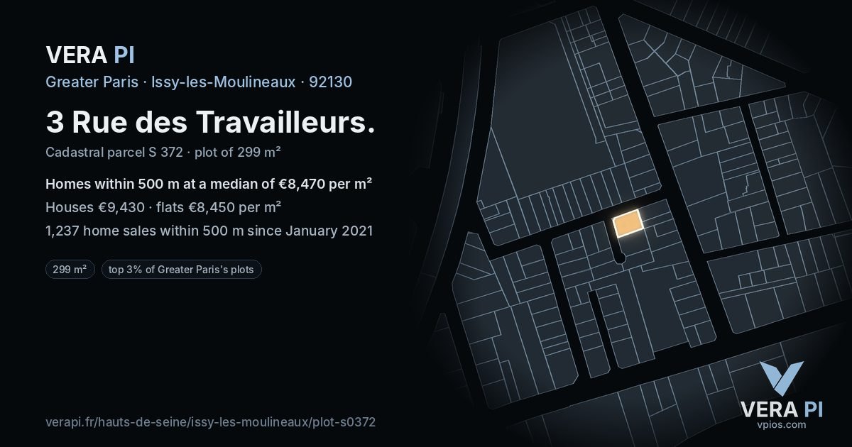 3 Rue des Travailleurs, Issy-les-Moulineaux at night – the plot lit, the parcels around coloured by the prices near them
