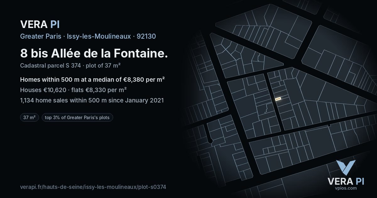 8 bis Allée de la Fontaine, Issy-les-Moulineaux at night – the plot lit, the parcels around coloured by the prices near them