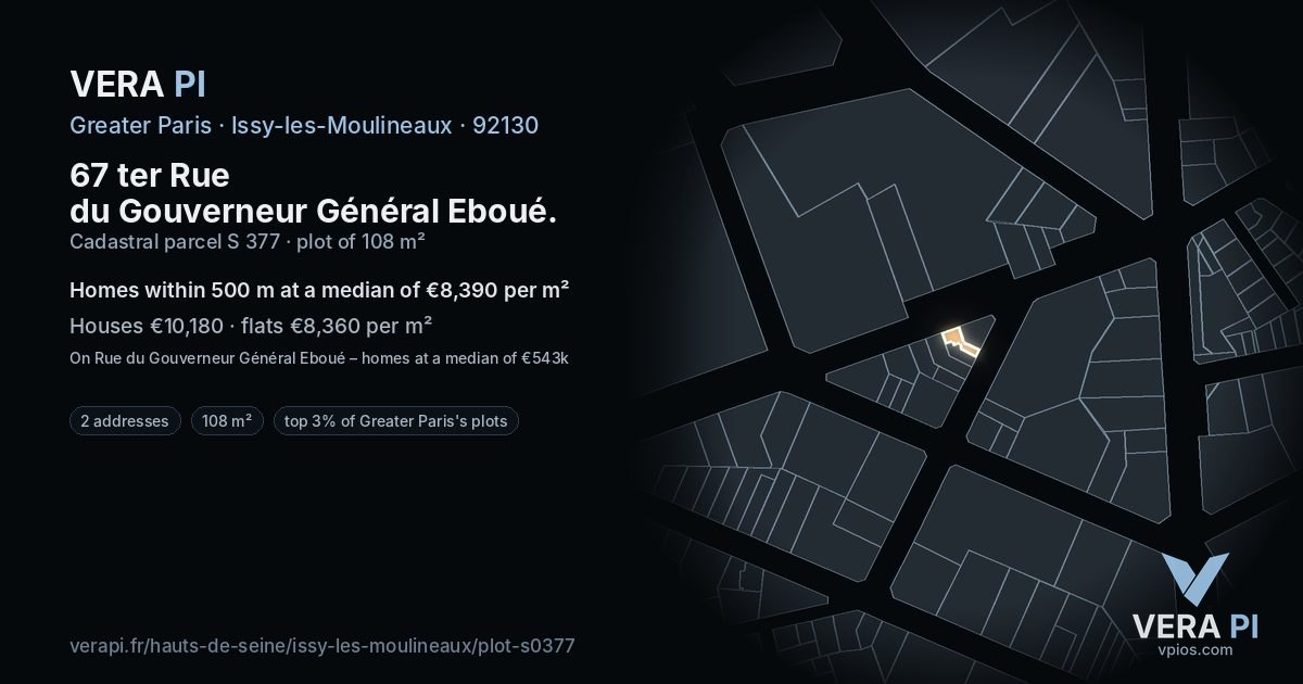 67 ter Rue du Gouverneur Général Eboué, Issy-les-Moulineaux at night – the plot lit, the parcels around coloured by the prices near them