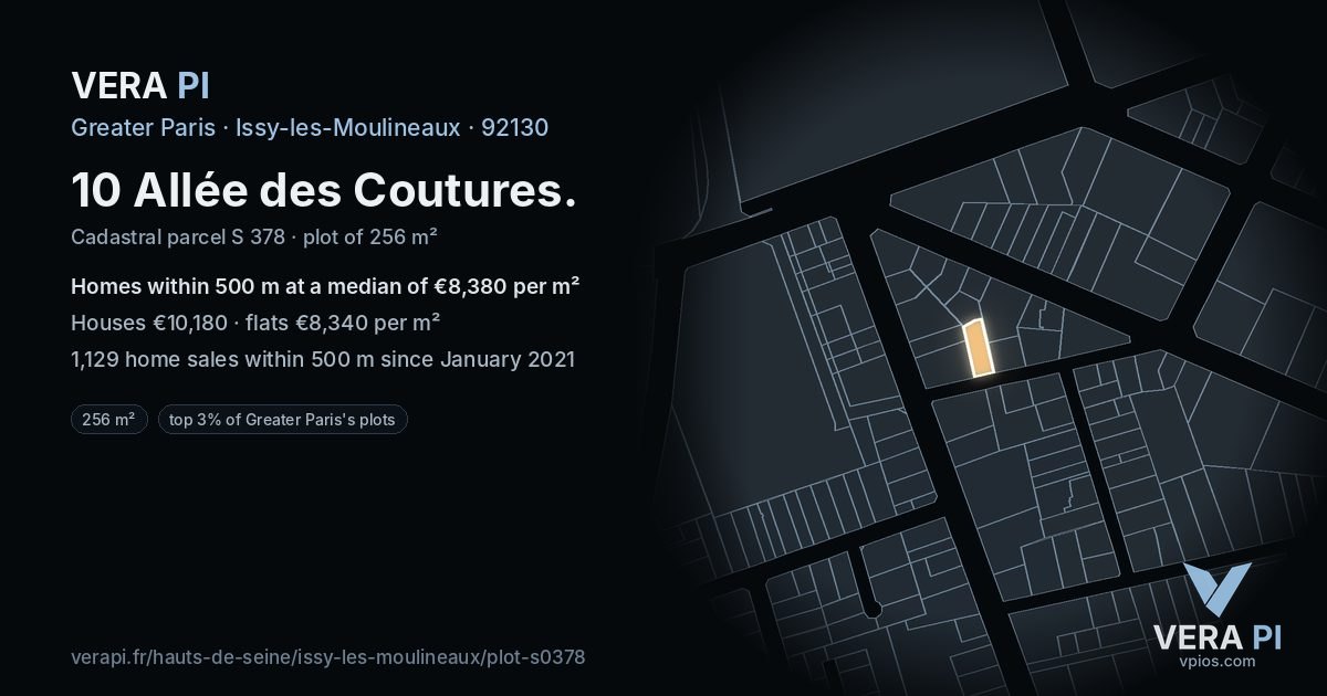 10 Allée des Coutures, Issy-les-Moulineaux at night – the plot lit, the parcels around coloured by the prices near them