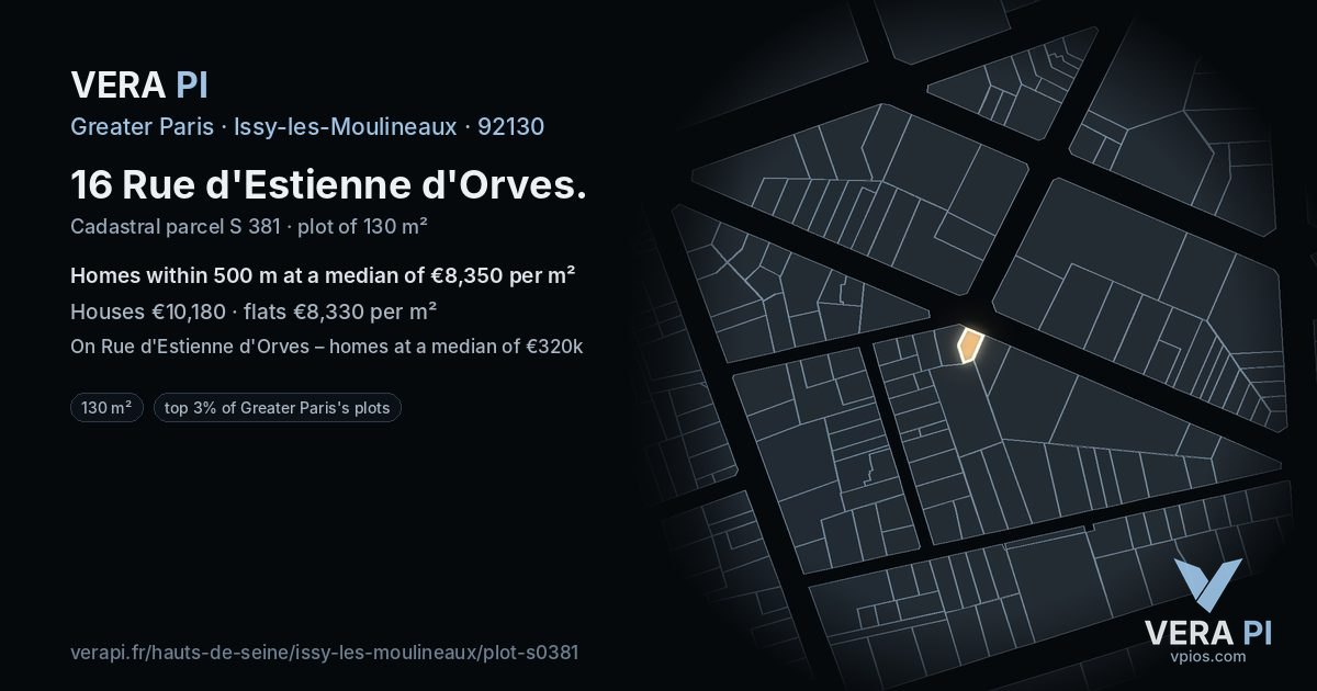 16 Rue d'Estienne d'Orves, Issy-les-Moulineaux at night – the plot lit, the parcels around coloured by the prices near them