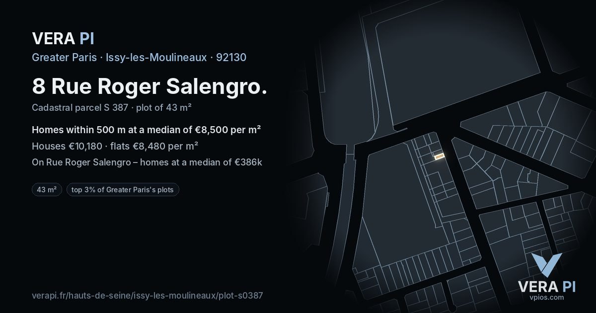 8 Rue Roger Salengro, Issy-les-Moulineaux at night – the plot lit, the parcels around coloured by the prices near them