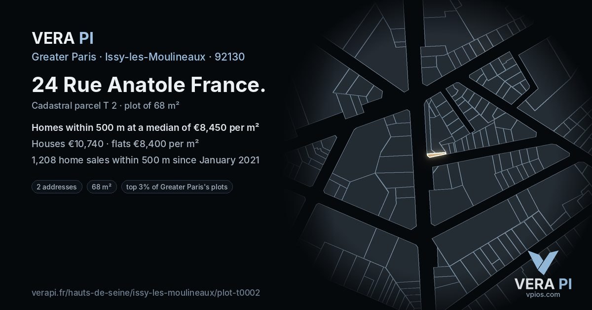 24 Rue Anatole France, Issy-les-Moulineaux at night – the plot lit, the parcels around coloured by the prices near them