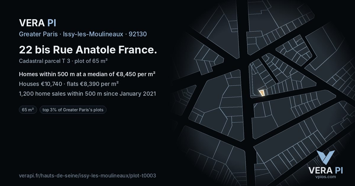 22 bis Rue Anatole France, Issy-les-Moulineaux at night – the plot lit, the parcels around coloured by the prices near them