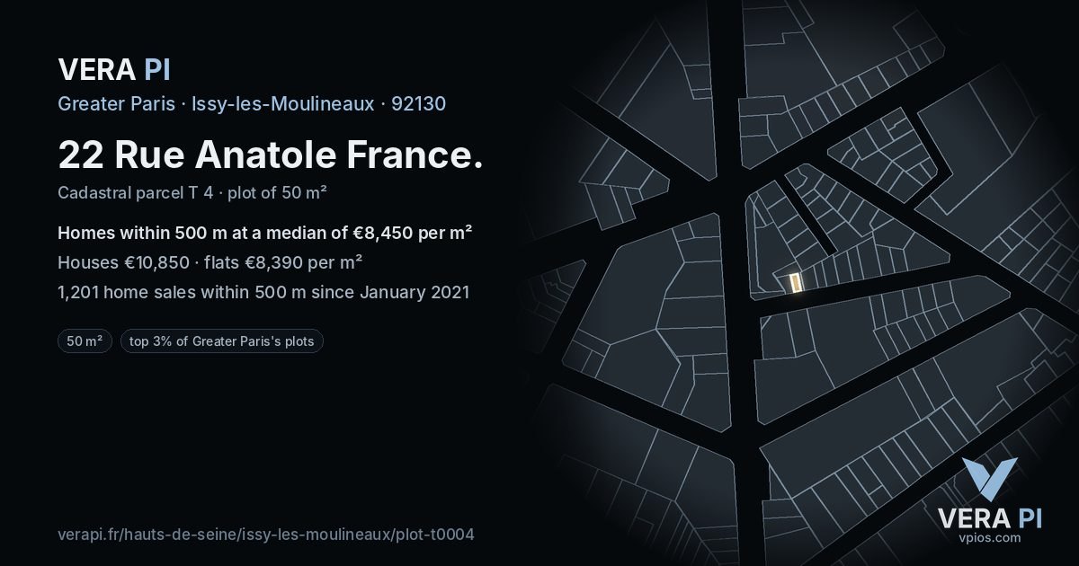 22 Rue Anatole France, Issy-les-Moulineaux at night – the plot lit, the parcels around coloured by the prices near them