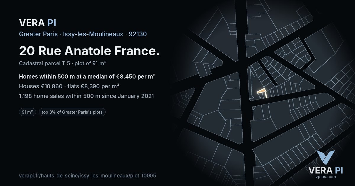 20 Rue Anatole France, Issy-les-Moulineaux at night – the plot lit, the parcels around coloured by the prices near them