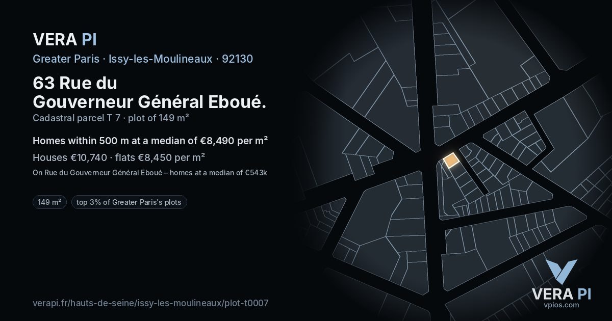 63 Rue du Gouverneur Général Eboué, Issy-les-Moulineaux at night – the plot lit, the parcels around coloured by the prices near them