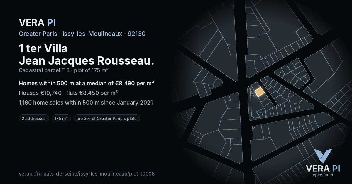 1 ter Villa Jean Jacques Rousseau, Issy-les-Moulineaux at night – the plot lit, the parcels around coloured by the prices near them