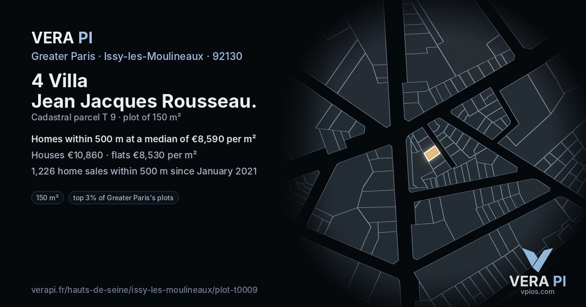 4 Villa Jean Jacques Rousseau, Issy-les-Moulineaux at night – the plot lit, the parcels around coloured by the prices near them