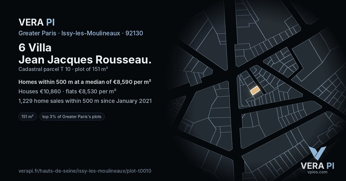 6 Villa Jean Jacques Rousseau, Issy-les-Moulineaux at night – the plot lit, the parcels around coloured by the prices near them
