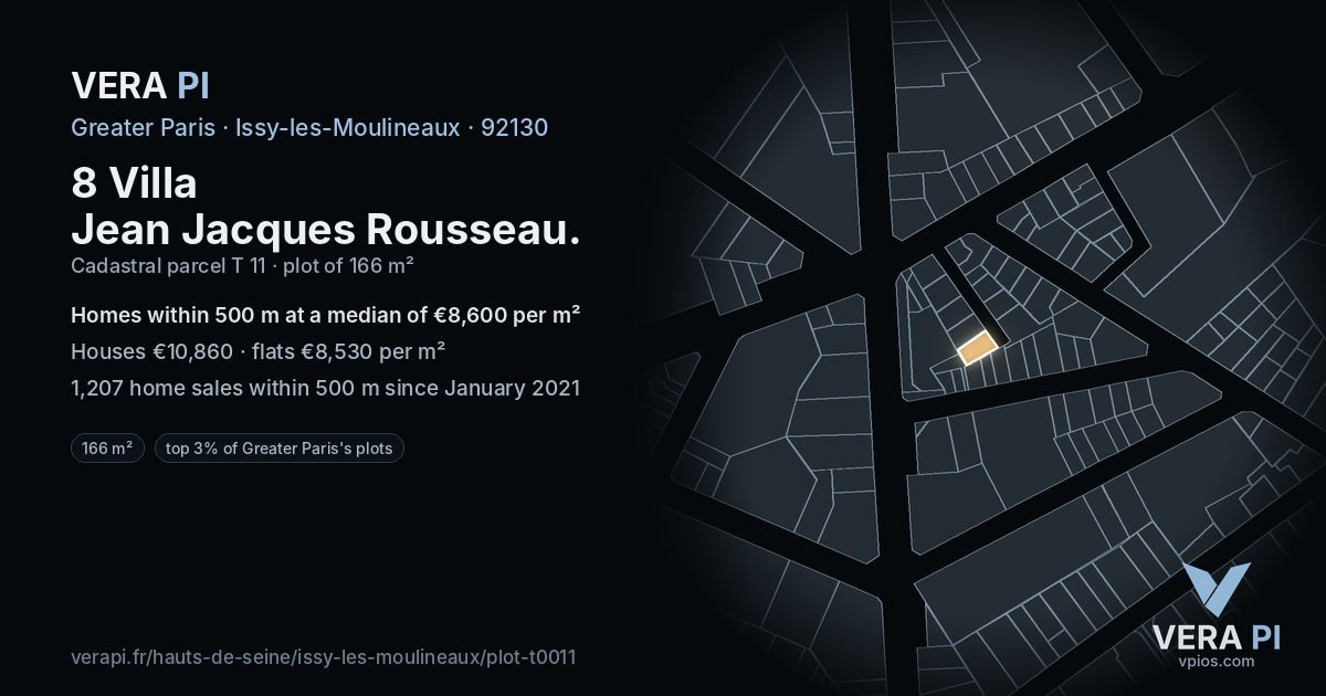 8 Villa Jean Jacques Rousseau, Issy-les-Moulineaux at night – the plot lit, the parcels around coloured by the prices near them