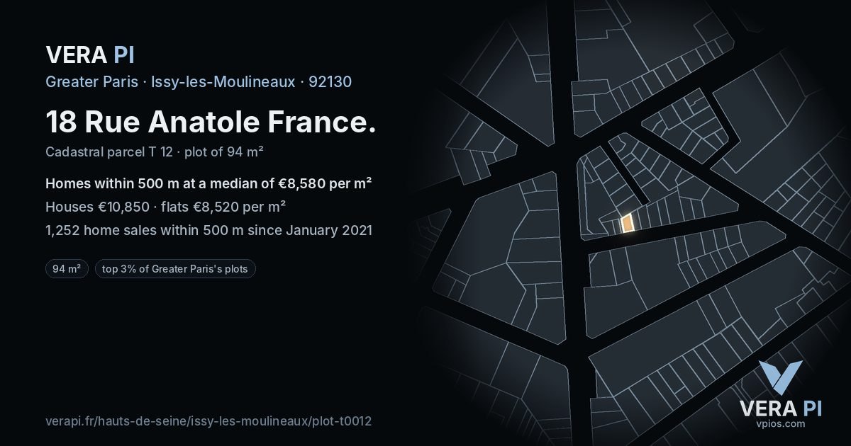 18 Rue Anatole France, Issy-les-Moulineaux at night – the plot lit, the parcels around coloured by the prices near them