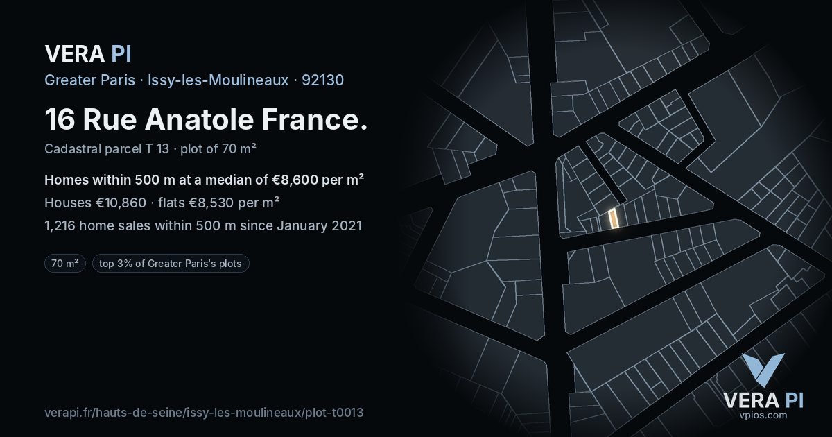 16 Rue Anatole France, Issy-les-Moulineaux at night – the plot lit, the parcels around coloured by the prices near them