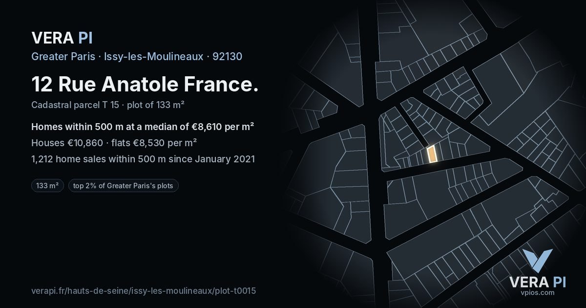 12 Rue Anatole France, Issy-les-Moulineaux at night – the plot lit, the parcels around coloured by the prices near them