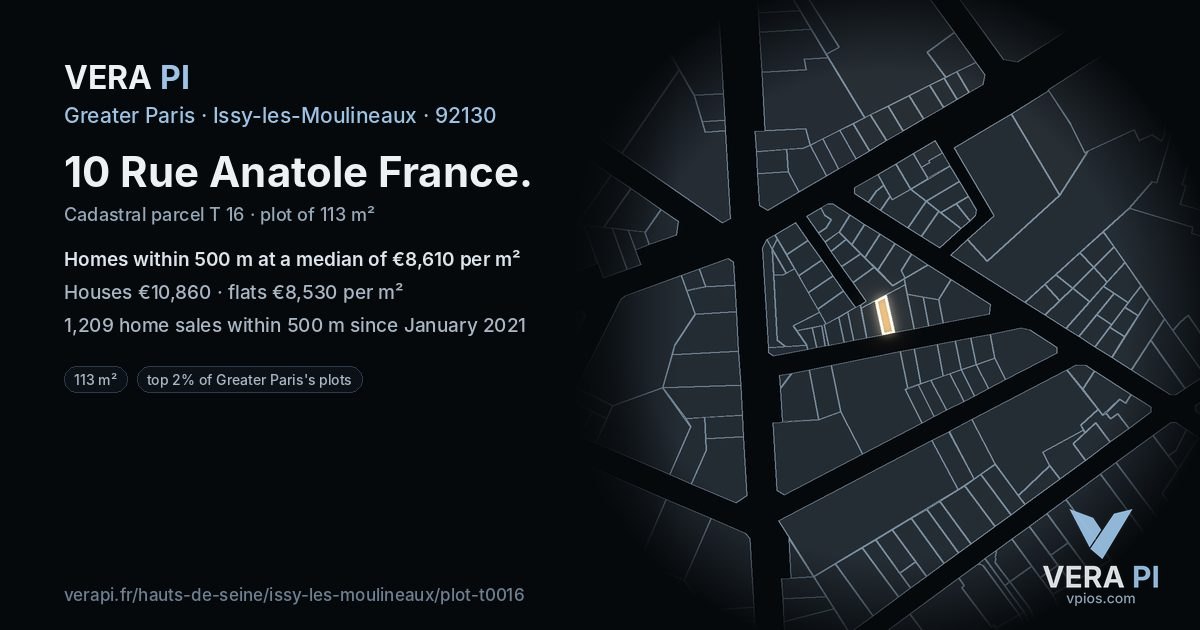 10 Rue Anatole France, Issy-les-Moulineaux at night – the plot lit, the parcels around coloured by the prices near them