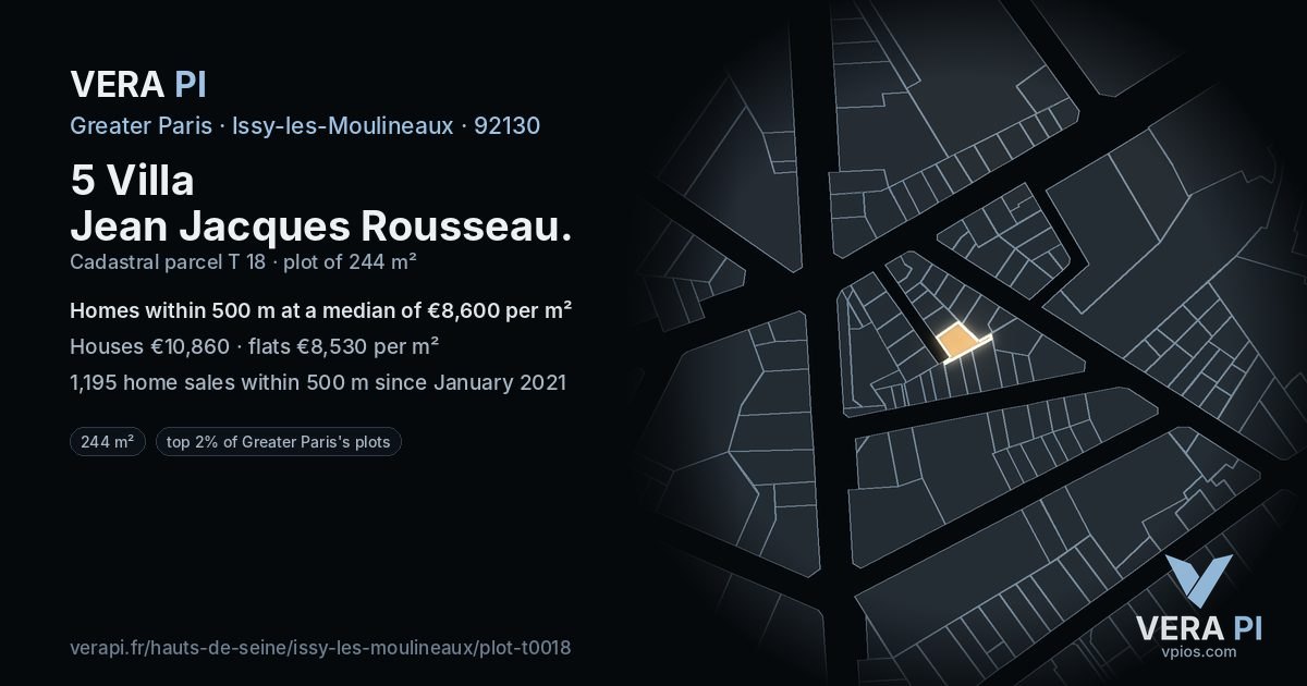 5 Villa Jean Jacques Rousseau, Issy-les-Moulineaux at night – the plot lit, the parcels around coloured by the prices near them