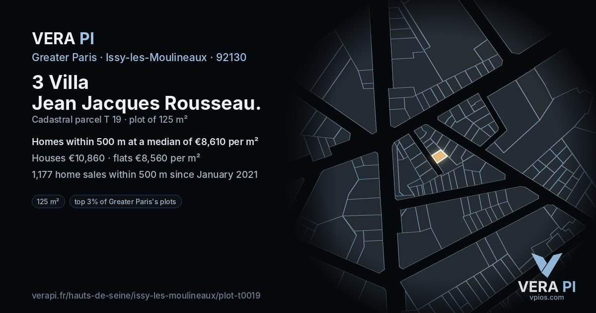 3 Villa Jean Jacques Rousseau, Issy-les-Moulineaux at night – the plot lit, the parcels around coloured by the prices near them