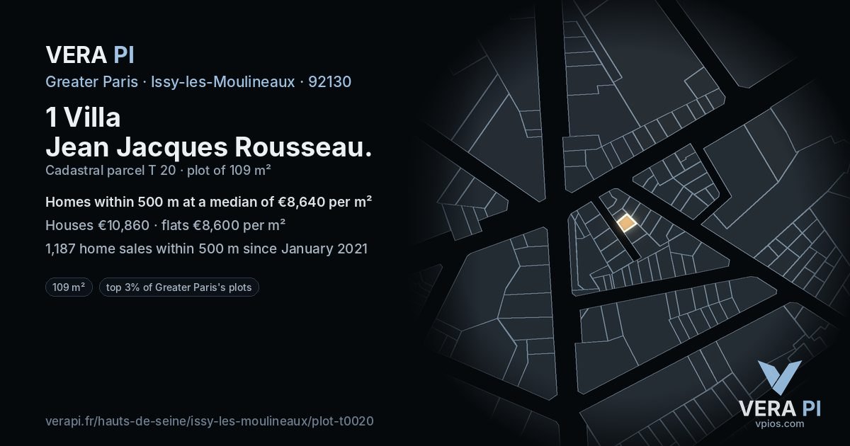 1 Villa Jean Jacques Rousseau, Issy-les-Moulineaux at night – the plot lit, the parcels around coloured by the prices near them