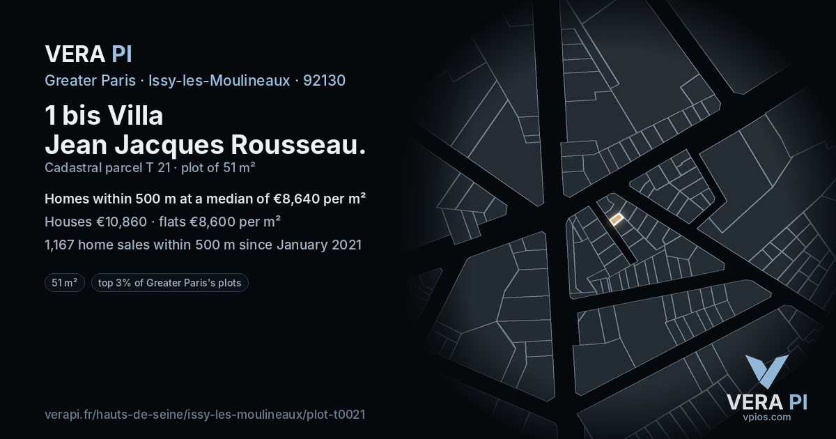 1 bis Villa Jean Jacques Rousseau, Issy-les-Moulineaux at night – the plot lit, the parcels around coloured by the prices near them