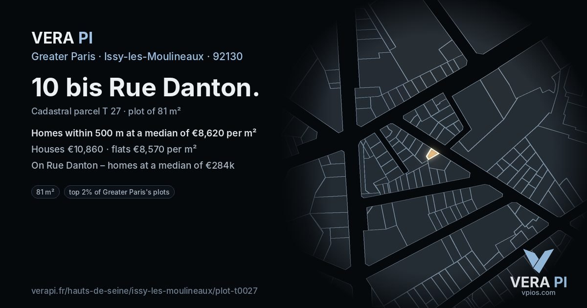 10 bis Rue Danton, Issy-les-Moulineaux at night – the plot lit, the parcels around coloured by the prices near them