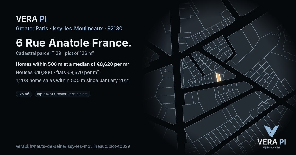 6 Rue Anatole France, Issy-les-Moulineaux at night – the plot lit, the parcels around coloured by the prices near them