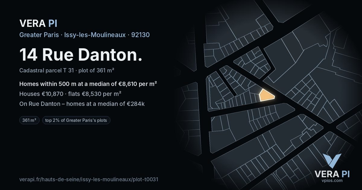 14 Rue Danton, Issy-les-Moulineaux at night – the plot lit, the parcels around coloured by the prices near them