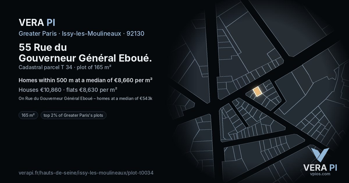 55 Rue du Gouverneur Général Eboué, Issy-les-Moulineaux at night – the plot lit, the parcels around coloured by the prices near them
