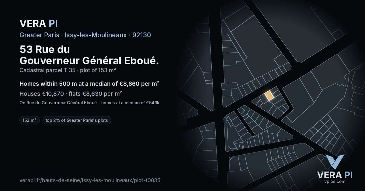53 Rue du Gouverneur Général Eboué, Issy-les-Moulineaux at night – the plot lit, the parcels around coloured by the prices near them