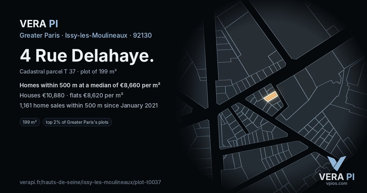 4 Rue Delahaye, Issy-les-Moulineaux at night – the plot lit, the parcels around coloured by the prices near them