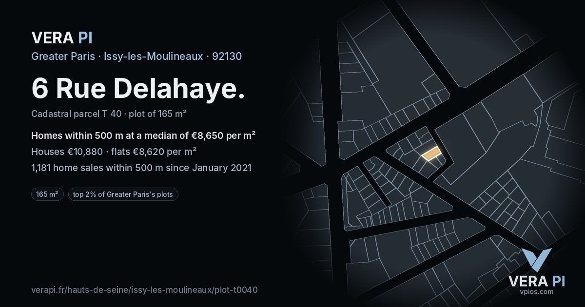 6 Rue Delahaye, Issy-les-Moulineaux at night – the plot lit, the parcels around coloured by the prices near them