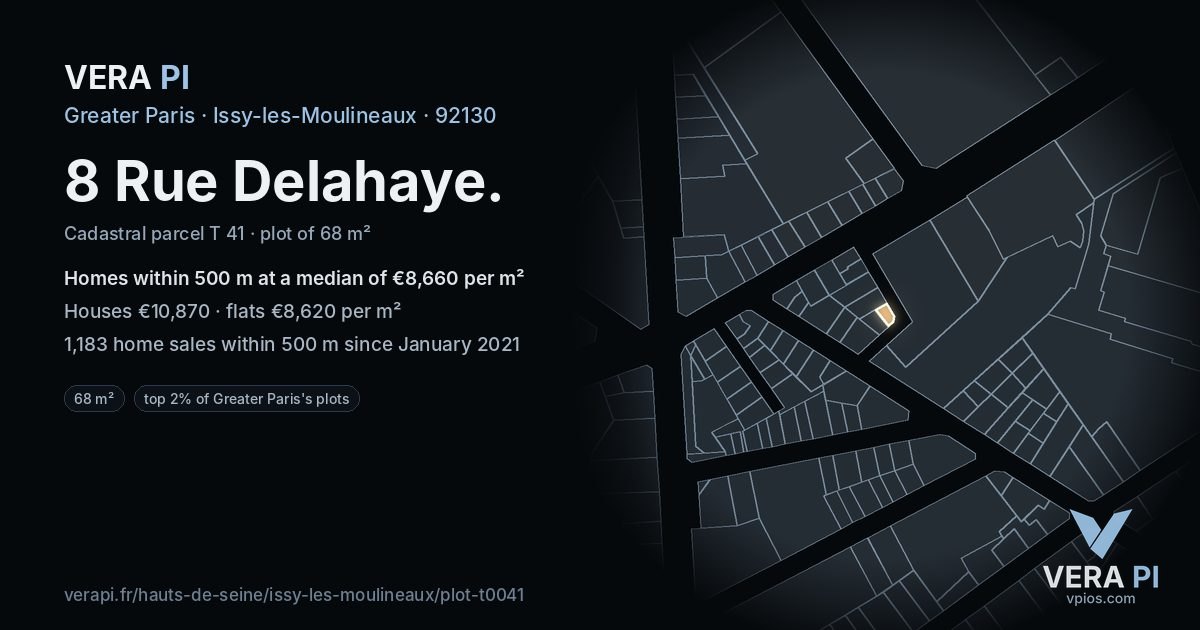 8 Rue Delahaye, Issy-les-Moulineaux at night – the plot lit, the parcels around coloured by the prices near them