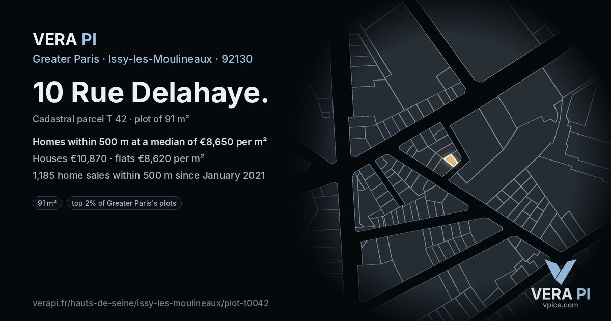 10 Rue Delahaye, Issy-les-Moulineaux at night – the plot lit, the parcels around coloured by the prices near them