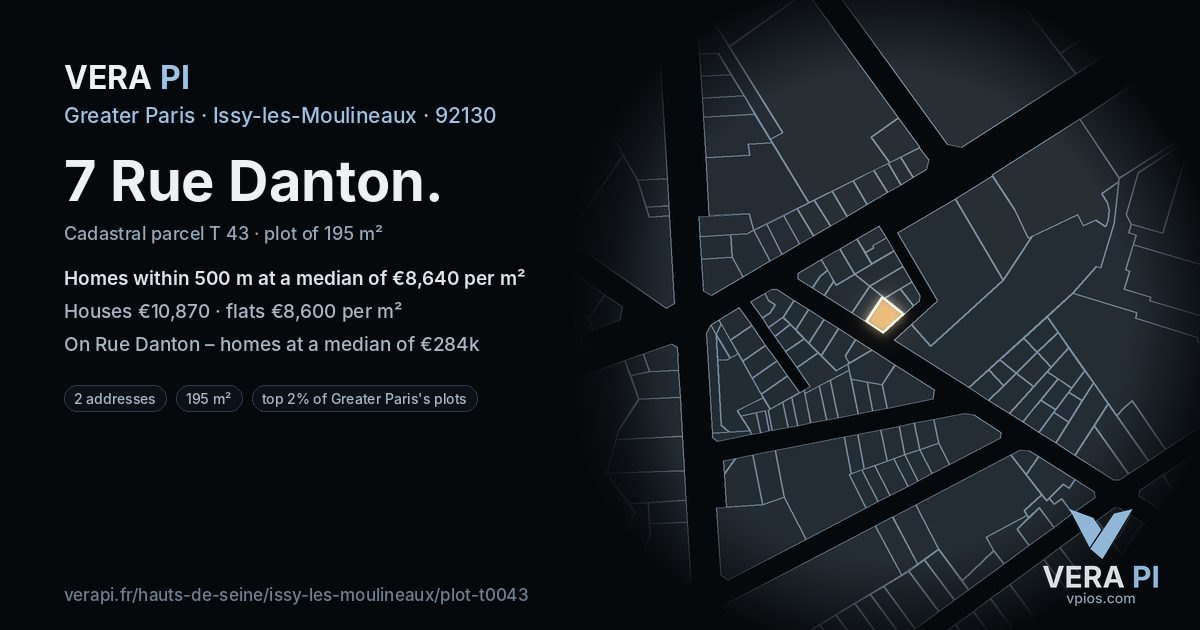 7 Rue Danton, Issy-les-Moulineaux at night – the plot lit, the parcels around coloured by the prices near them
